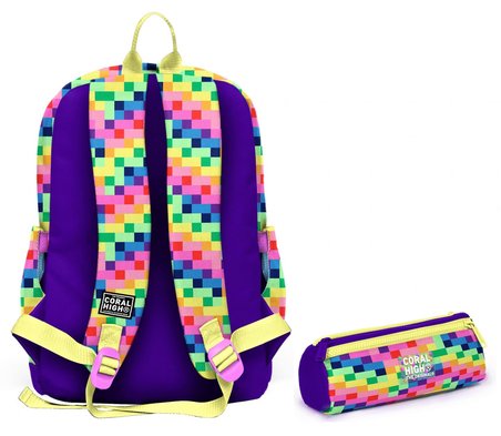 Coral High Okul Sırt Çantası ve Kalemlik Seti - Mor Piksel Kalp Desenli Kız Çocuk SETYGN33208C