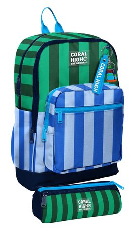 Coral High Okul Sırt Çantası ve Kalemlik Seti - Mavi Yeşil Çizgi Desenli Erkek Çocuk SETYGN33211C