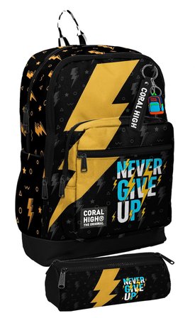 Coral High Okul Sırt Çantası ve Kalemlik Seti - Siyah Sarı Never Give Up Baskılı Erkek Çocuk SETYGN33220C