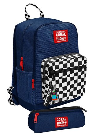 Coral High Lacivert Siyah Beyaz Dama Desenli İlk ve Ortaokul Sırt Çantası ve Kalemlik Seti Erkek - SETYGN33234C