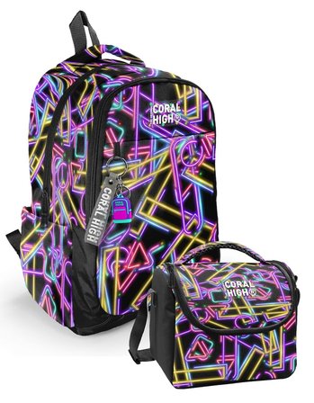 Coral High Siyah Çok Renkli Neon Desenli Kız Çocuk İkili Sırt Çantası+Beslenme Çantası Seti