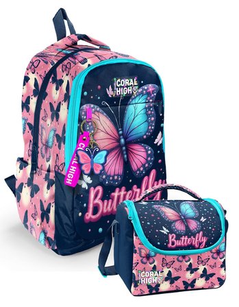 Coral High Lacivert Pembe Kelebek Desenli Kız Çocuk İkili Sırt Çantası+Beslenme Çantası Seti