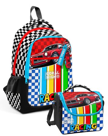 Coral High Kırmızı Racing Araba Baskılı Erkek Çocuk Okul Çantası ve Thermo Beslenme Çantası Seti