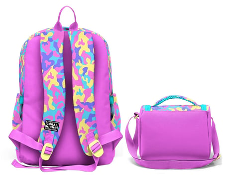 Coral High Pembe Sarı Kamuflaj Kız Çocuk Sırt Çantası ve Beslenme Çantası Seti (4 Gözlü Sırt Çantası)