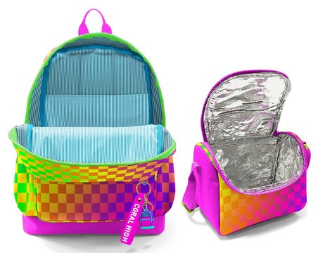 Coral High Sarı Mor Dama Desenli Kız Çocuk Sırt Çantası ve Beslenme Çantası Seti (4 Gözlü Sırt Çantası)