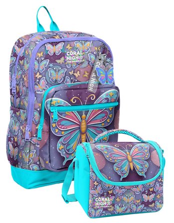 Coral High Pastel Renkli Kelebek Desenli Kız Çocuk Sırt Çantası ve Beslenme Çantası Seti (4 Gözlü Sırt Çantası)