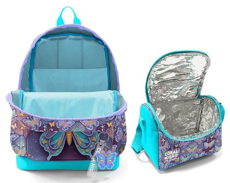 Coral High Pastel Renkli Kelebek Desenli Kız Çocuk Sırt Çantası ve Beslenme Çantası Seti (4 Gözlü Sırt Çantası)
