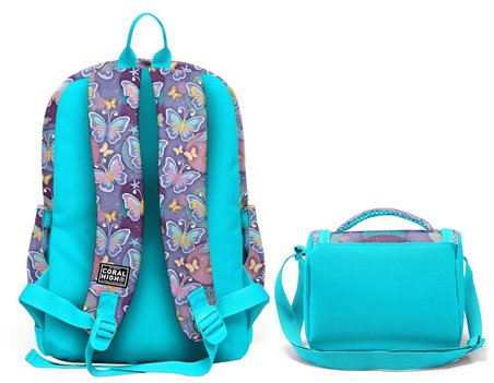 Coral High Pastel Renkli Kelebek Desenli Kız Çocuk Sırt Çantası ve Beslenme Çantası Seti (4 Gözlü Sırt Çantası)