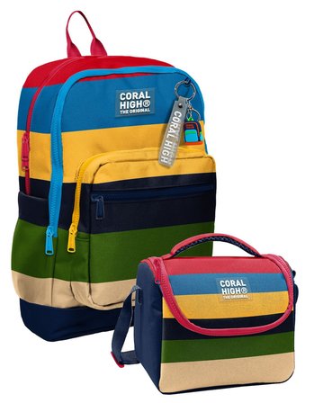 Coral High Çok Renkli Çizgi Desenli Erkek Çocuk Sırt Çantası ve Beslenme Çantası Seti (4 Gözlü Sırt Çantası)