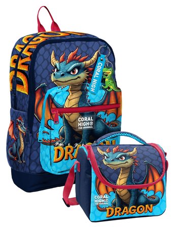 Coral High Mavi Sarı Dragon Desenli Erkek Çocuk Sırt Çantası ve Beslenme Çantası Seti (4 Gözlü Sırt Çantası)