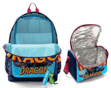 Coral High Mavi Sarı Dragon Desenli Erkek Çocuk Sırt Çantası ve Beslenme Çantası Seti (4 Gözlü Sırt Çantası)