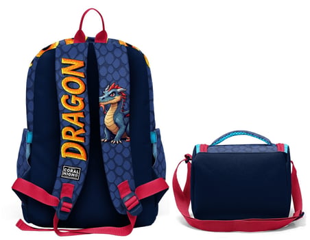 Coral High Mavi Sarı Dragon Desenli Erkek Çocuk Sırt Çantası ve Beslenme Çantası Seti (4 Gözlü Sırt Çantası)