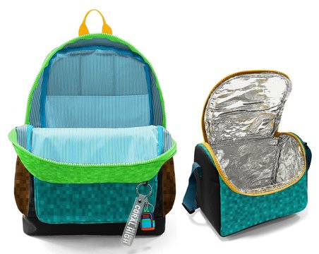 Coral High Siyah Yeşil Kahverengi Craft Desenli Erkek Çocuk Sırt Çantası ve Beslenme Çantası Seti (4 Gözlü Sırt Çantası)