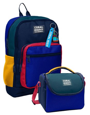Coral High Lacivert Çizgi Desenli Erkek Çocuk Sırt Çantası ve Beslenme Çantası Seti (4 Gözlü Sırt Çantası)