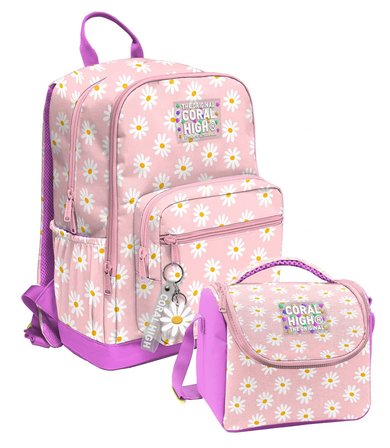 Coral High Pembe Beyaz Papatya Desenli (Kız Çocuk) Okul Sırt ve Beslenme Çantası Seti - SETYGN33224B