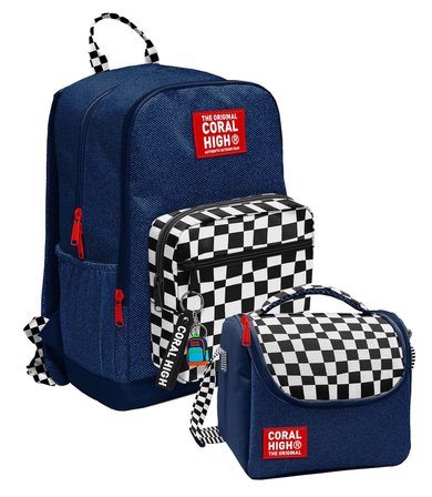 Coral High Lacivert Siyah Beyaz Dama Desenli (Erkek Çocuk) Okul Sırt ve Beslenme Çantası Seti - SETYGN33234B