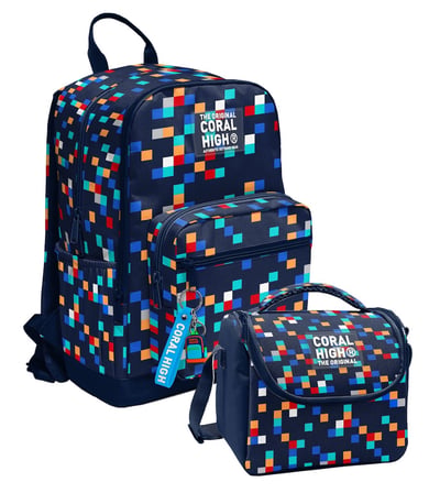 Coral High Lacivert Çok Renli Geometrik Desenler (Erkek Çocuk) Okul Sırt ve Beslenme Çantası Seti - SETYGN33235B
