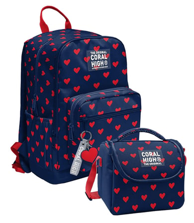 Coral High Lacivert Kırmızı Kalp Desenli (Kız Çocuk) Okul Sırt ve Beslenme Çantası Seti - SETYGN33229B