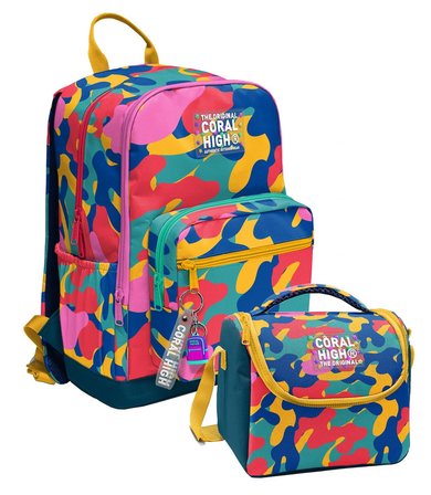 Coral High Renkli Kamuflaj Desenli (Unisex) Okul Sırt ve Beslenme Çantası Seti - SETYGN33232B
