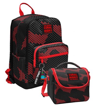 Coral High Siyah Kırmızı Nokta Desenli (Erkek Çocuk) Okul Sırt ve Beslenme Çantası Seti - SETYGN33233B