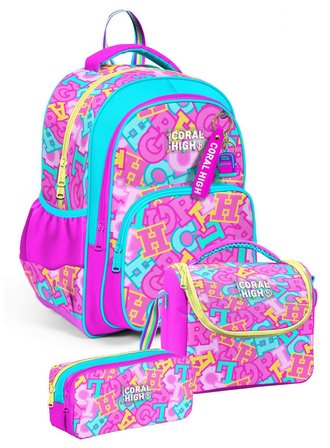 Coral High Üçlü Kız Çocuk İlkokul Okul Çantası Seti (Pembe Su Yeşili Harf Baskılı) SETYGN33241A