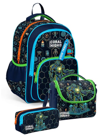 Coral High Üçlü Erkek Çocuk İlkokul Okul Çantası Seti (Lacivert Robot Baskılı) SETYGN33246A
