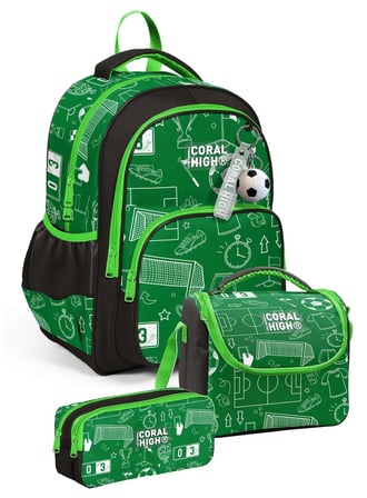 Coral High Üçlü Erkek Çocuk İlkokul Okul Çantası Seti (Yeşil Futbol Baskılı) SETYGN33247A