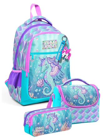 Coral High Kız Çocuk İlkokul Üçlü Okul Çantası Seti - Su Yeşili Unicorn Baskılı - SETYGN33256A