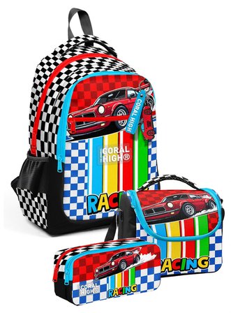 Coral High Erkek Çocuk İlkokul Üçlü Okul Çantası Seti - Kırmızı Racing Araba Baskılı - SETYGN33257A