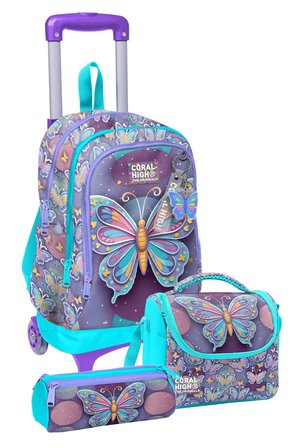 Coral High Çekçek Tekerlekli Üçlü İlkokul Çanta Seti Pastel Renkli Kelebek Desenli Kız Çocuk SETYGN34006A