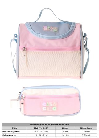 CalaCilo Cloudy Pembe Mavi Renkli Kız Çocuk Pembe - Mavi Renk Beslenme Çantası ve Kalemlik Seti - SETCC-C4087