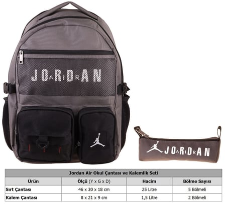 Jordan Air Brooklyn Grey Gri İkili Sırt Çantası ve Kalemlik Seti - Erkek Çocuk - SETJA-Q3182C