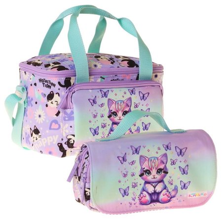 Kaukko Kids Kız Çocuk Mor Kedi Desenli Yeşil - Mor Thermo Beslenme Çantası ve Kalemlik Seti - SETKK-L5289