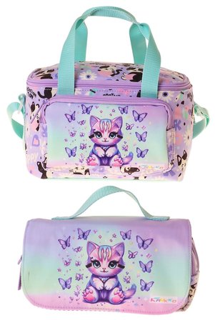 Kaukko Kids Kız Çocuk Mor Kedi Desenli Yeşil - Mor Thermo Beslenme Çantası ve Kalemlik Seti - SETKK-L5289