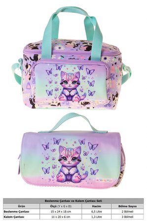 Kaukko Kids Kız Çocuk Mor Kedi Desenli Yeşil - Mor Thermo Beslenme Çantası ve Kalemlik Seti - SETKK-L5289