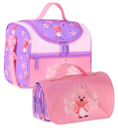 Kaukko Kids Kız Çocuk Loopy Baskılı Lila - Pembe Thermo Beslenme Çantası ve Kalemlik Seti - SETKK-L5304