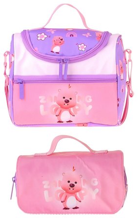 Kaukko Kids Kız Çocuk Loopy Baskılı Lila - Pembe Thermo Beslenme Çantası ve Kalemlik Seti - SETKK-L5304