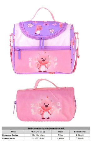 Kaukko Kids Kız Çocuk Loopy Baskılı Lila - Pembe Thermo Beslenme Çantası ve Kalemlik Seti - SETKK-L5304