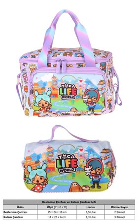 Kaukko Kids Kız Çocuk Toca Life Baskılı Lila - Turkuaz Thermo Beslenme Çantası ve Kalemlik Seti - SETKK-L5339