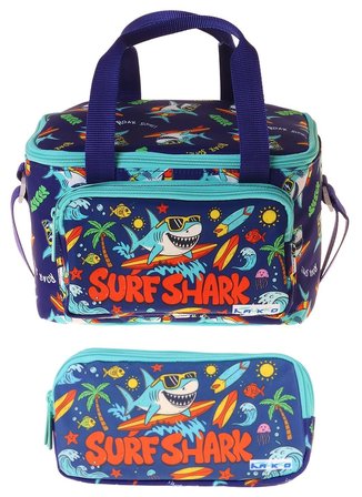 Kaukko Kids Erkek Çocuk Süper Köpekbalığı Baskılı Yeşil - Lacivert Thermo Beslenme Çantası ve Kalemlik Seti - SETKK-L5355