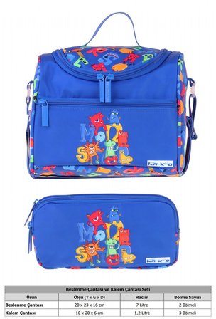 Kaukko Kids Erkek Çocuk Moster Baskılı Mavi Thermo Beslenme Çantası ve Kalemlik Seti - SETKK-L5405
