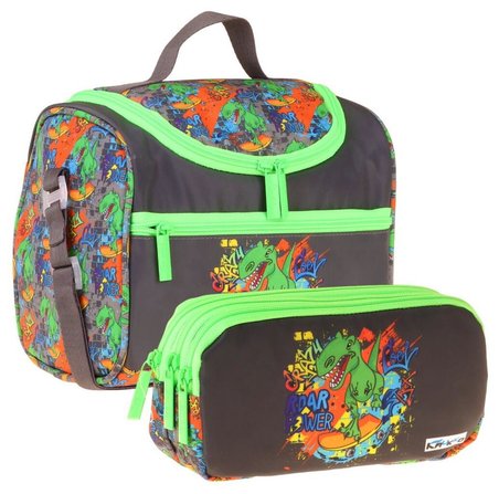 Kaukko Kids Erkek Çocuk Street Dinazor Baskılı Siyah - Yeşil Thermo Beslenme Çantası ve Kalemlik Seti - SETKK-L5415