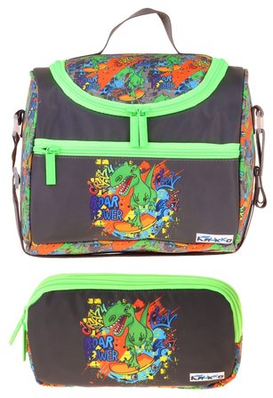 Kaukko Kids Erkek Çocuk Street Dinazor Baskılı Siyah - Yeşil Thermo Beslenme Çantası ve Kalemlik Seti - SETKK-L5415
