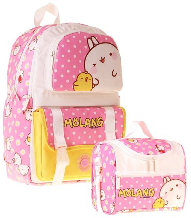 Kaukko Kids Molang Kız Çocuk Pembe - Sarı İlkokul Sırt Çantası ve Beslenme Çanta Seti - SETKK-L5318B
