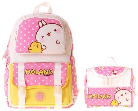 Kaukko Kids Molang Kız Çocuk Pembe - Sarı İlkokul Sırt Çantası ve Beslenme Çanta Seti - SETKK-L5318B