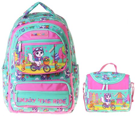 Kaukko Kids Cat Bike Kız Çocuk Yeşil - Pembe İlkokul Sırt Çantası ve Beslenme Çanta Seti - SETKK-L5328B