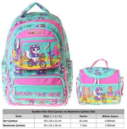 Kaukko Kids Cat Bike Kız Çocuk Yeşil - Pembe İlkokul Sırt Çantası ve Beslenme Çanta Seti - SETKK-L5328B