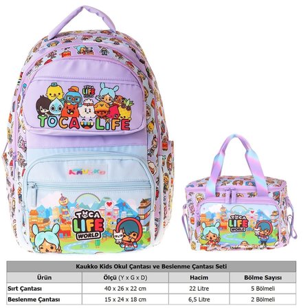 Kaukko Kids Toca Life Kız Çocuk Lila - Turkuaz İlkokul Sırt Çantası ve Beslenme Çanta Seti - SETKK-L5338B