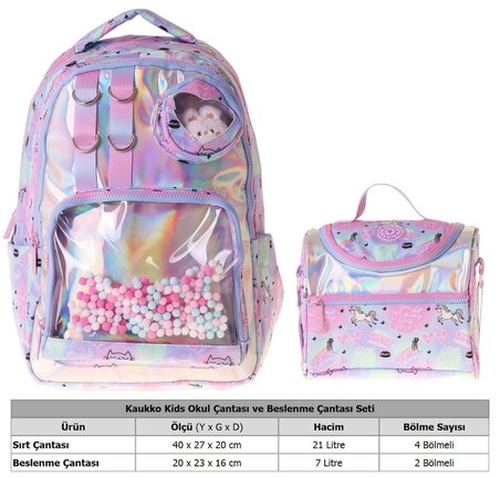 Kaukko Kids Dream Kız Çocuk Çok Renkli İlkokul Sırt Çantası ve Beslenme Çanta Seti - SETKK-L5343B