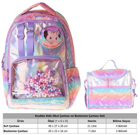 Kaukko Kids Rule Kız Çocuk Lila İlkokul Sırt Çantası ve Beslenme Çanta Seti - SETKK-L5348B